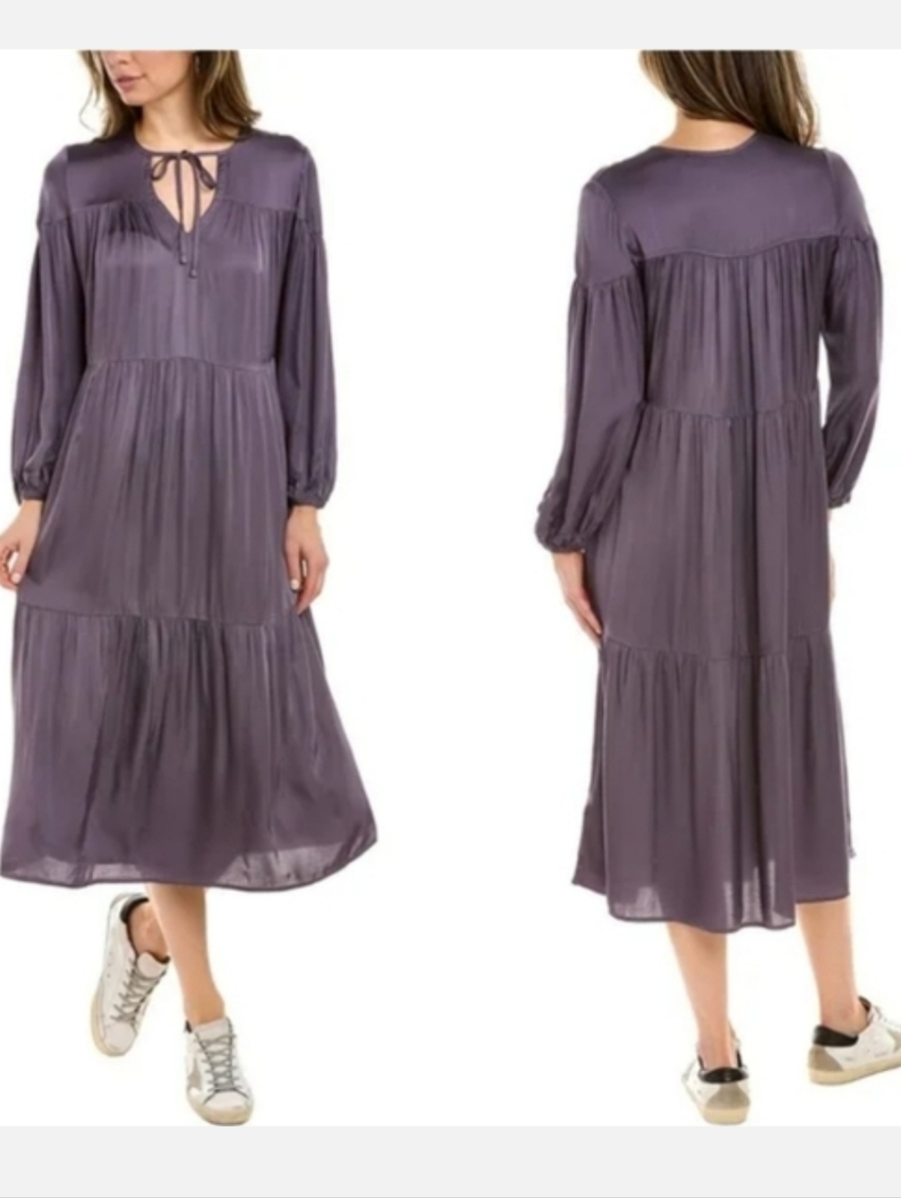 Nation Ltd Womens Wavery Tiered Peasant Dress Purple Quiet Luxury Silky Soft XS